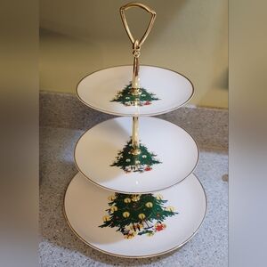 VINTAGE THREE TIER SERVING DISH Christmas Tree Pattern Gold Trim 12”